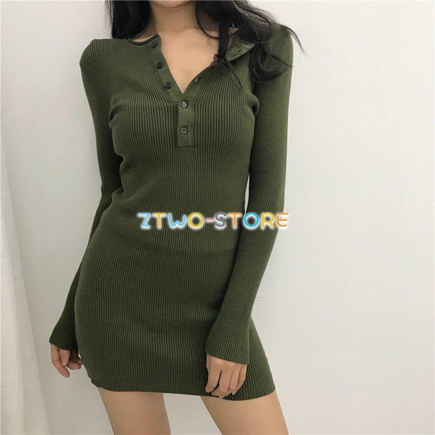 2色有り レディース ワンピース 長袖 ニットワンピース ミニ丈