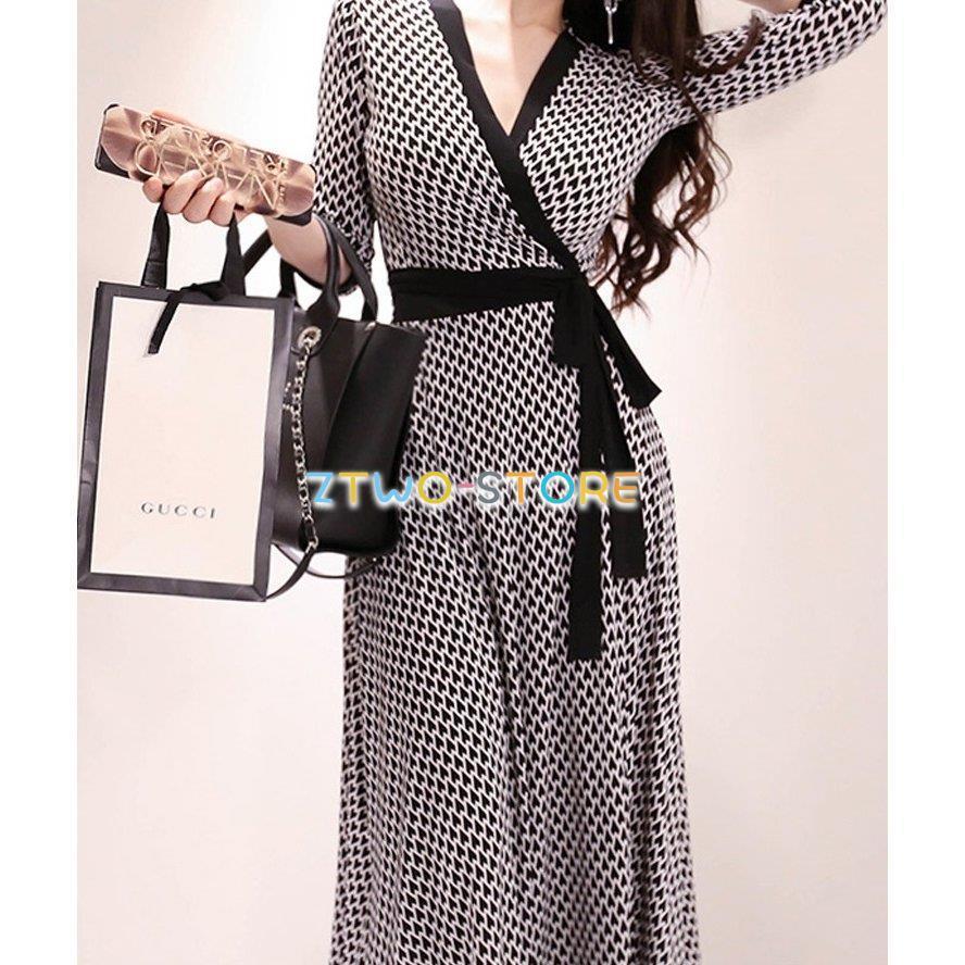 レディース Vネック ラップドレス モノトーン 五分袖 幾何学模様  