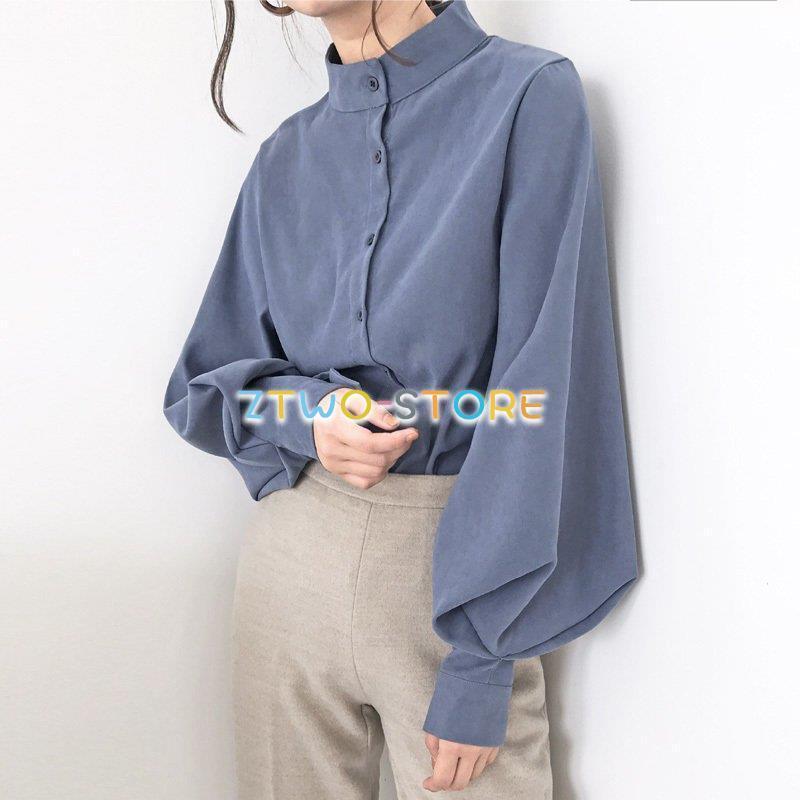 4色有り レディース ブラウス 長袖 スタンドカラー ハイネック