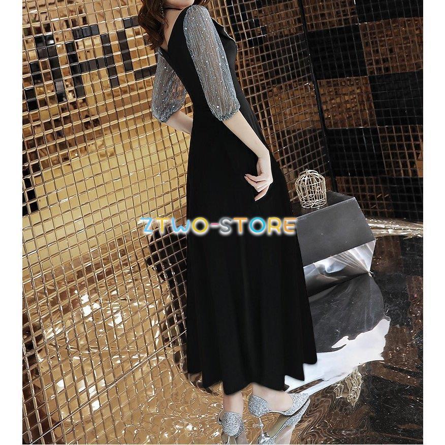 レディース ワンピース 5分袖 ロング丈 ディープVネック エレガント