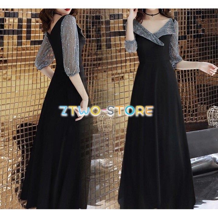 レディース ワンピース 5分袖 ロング丈 ディープVネック エレガント