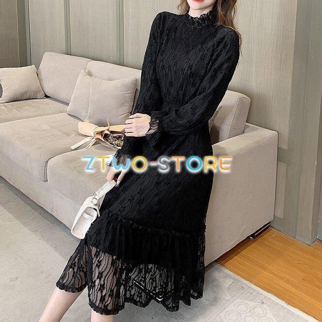 2色有り レディース ワンピース 長袖 ロング丈 レース フリル スタンド