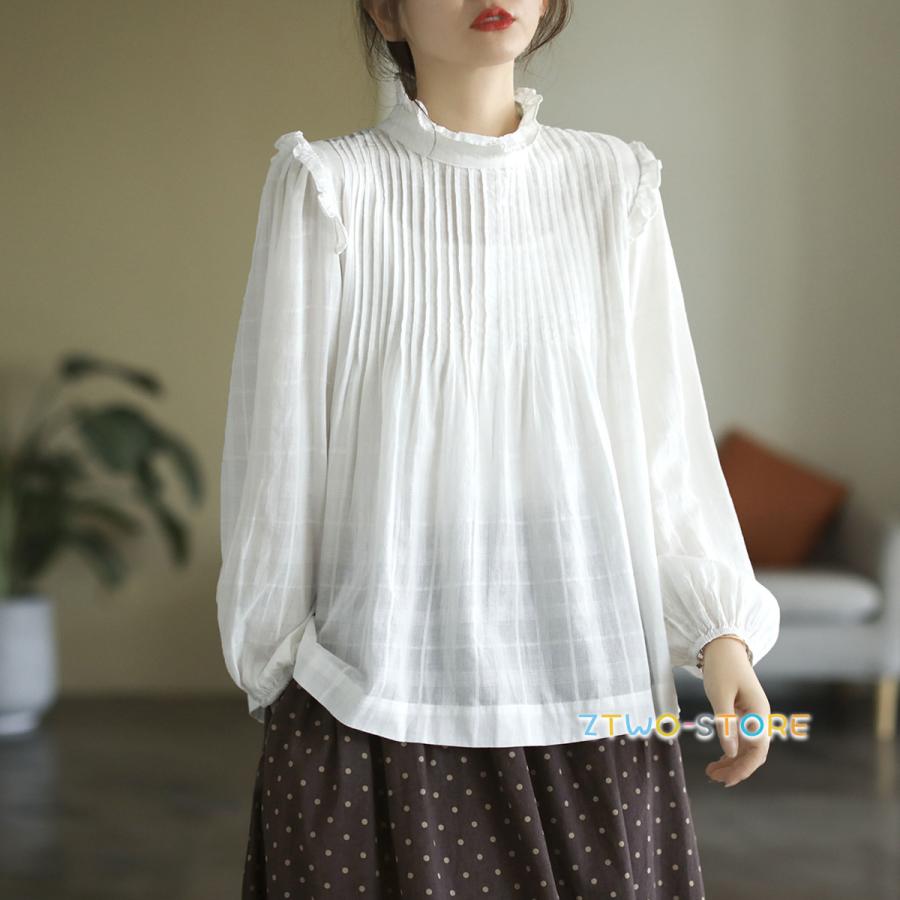 レディース シャツ ブラウス 長袖 フレア スタンドカラー パフスリーブ  