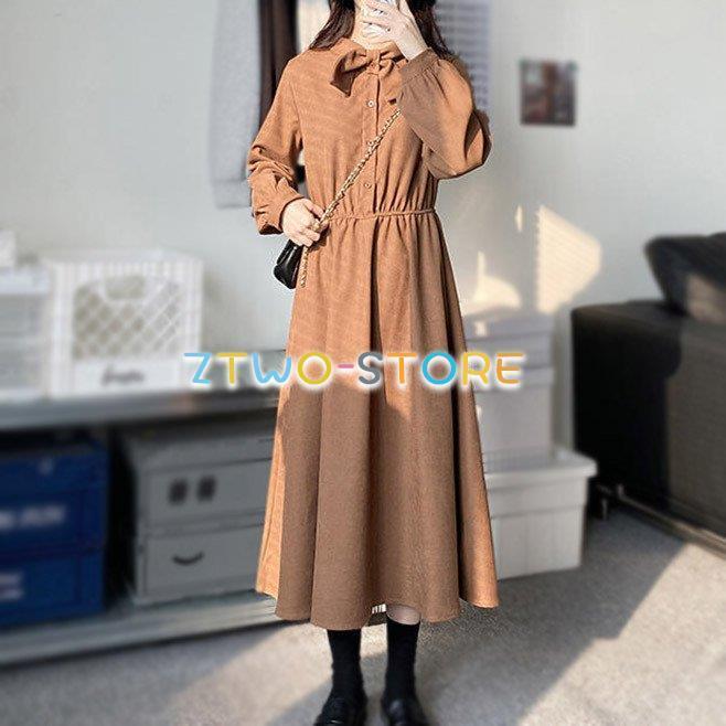 2色有り レディース ワンピース ロングスカート 長袖 ミモレ丈 ラウンドネック Aライン フロントボタン ボウタイ付き 無地 シンプル ゆったり ナチュラル フェミ Ztwo1330 Nz1755 Z2ストア 通販 Yahoo ショッピング