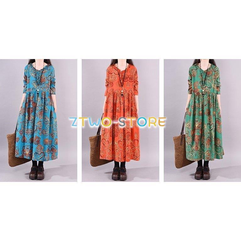 3色有り ワンピース エスニック風 ロング丈スカート 長袖 総柄