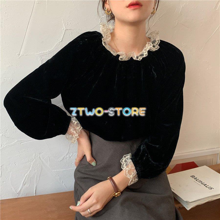 レディース セーター 秋冬 ニット トップス 長袖 レイヤード風 プルオーバー ラウンドネック ハイネック レース フリル 無地 ベルベット調 レトロ 上品 きれいめ