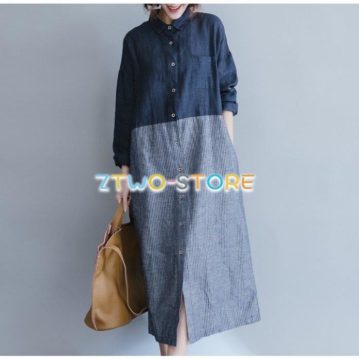 【SOEJU】TALLサイズ　 ロングシャツワンピース 　ネイビーストライプ SOEJU】TALLサイズ ロングシャツワンピース ネイビーストライプ