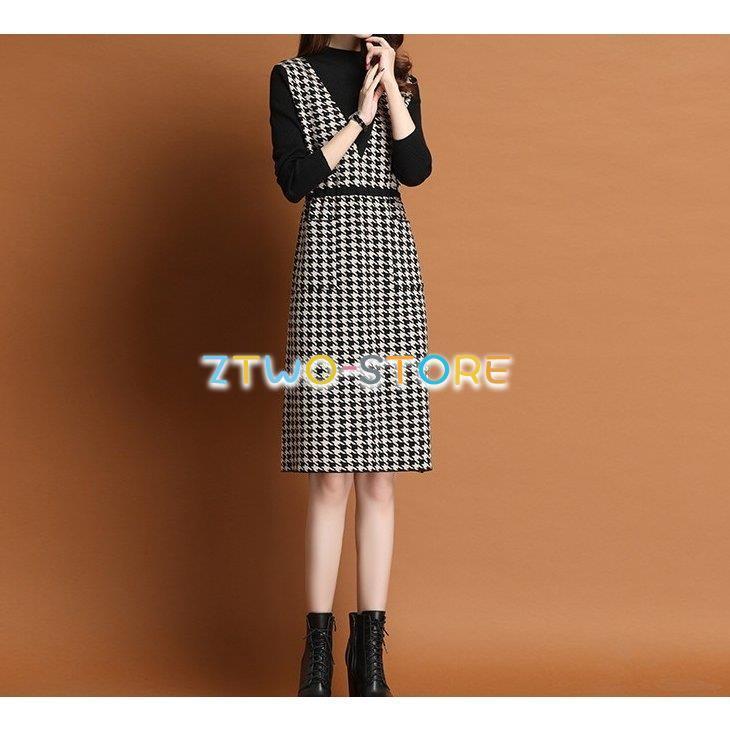 4色有り ワンピース レディース 長袖 膝丈 千鳥格子柄 ラウンドネック