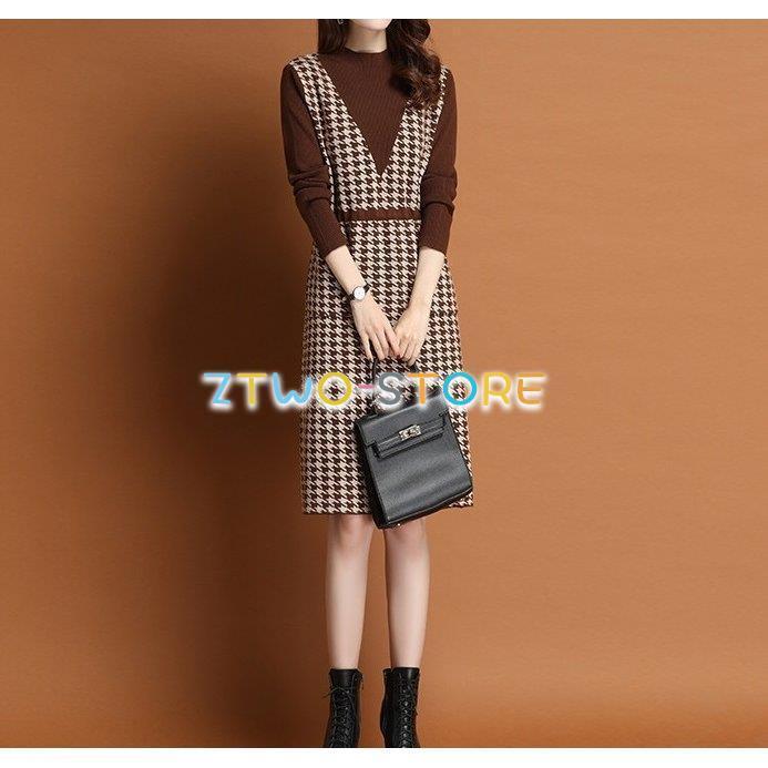 4色有り ワンピース レディース 長袖 膝丈 千鳥格子柄 ラウンドネック