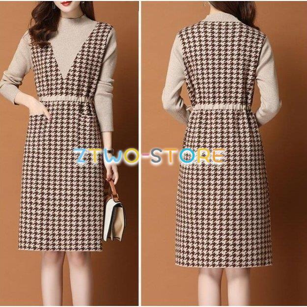 4色有り ワンピース レディース 長袖 膝丈 千鳥格子柄 ラウンドネック