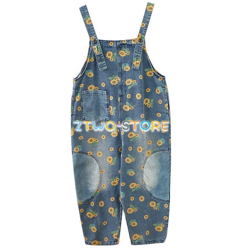 オーバーオール デニム 花柄 S/XL オーバーオール レディース サロペット デニム ワイドパンツ
