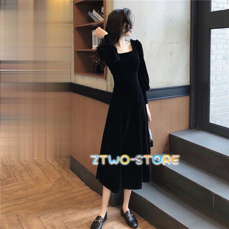 レディース ワンピース 秋冬 長袖 ミドル丈 スクエアネック ベルベット