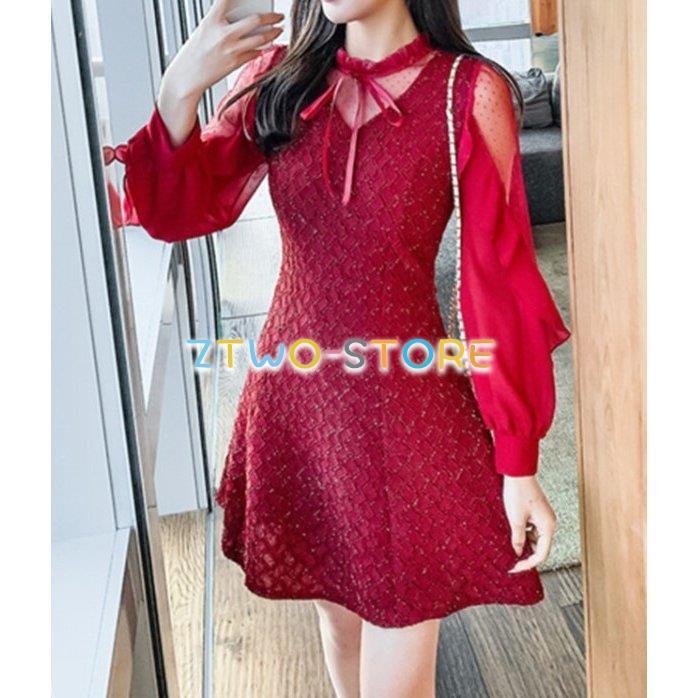 2色有り レディース ワンピース 長袖 ミドル丈 膝上 透け感 A