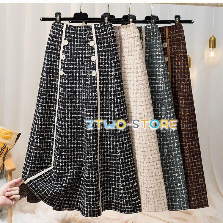 ニットスカート ロング丈 秋冬 ツイード風 Aラインスカート チェック柄