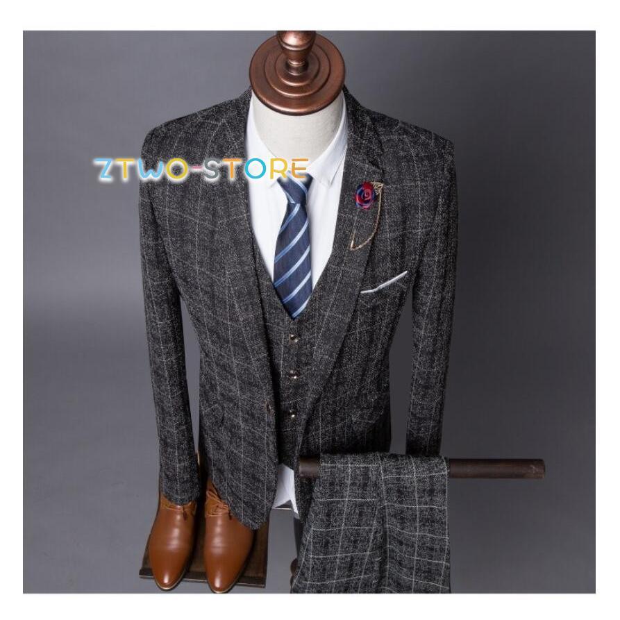 メンズスーツ チェック柄 タキシードスーツ 3ピーススーツ 1つボタン