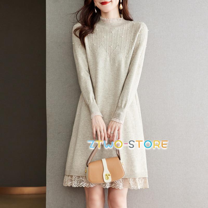 ニットワンピース レディース 春冬 膝丈ワンピース 長袖 フレア袖 上品
