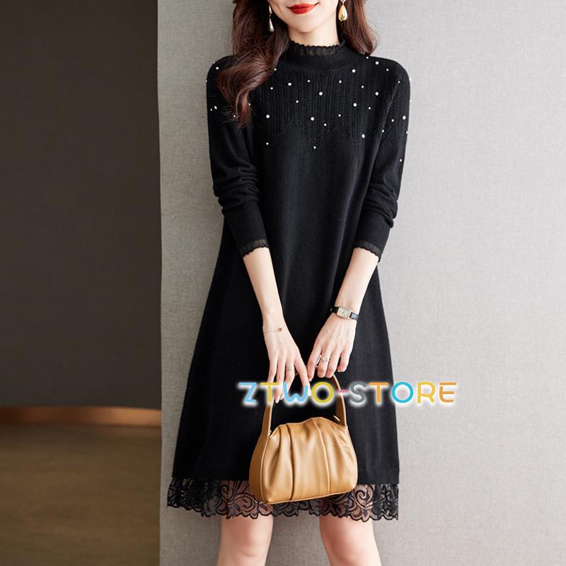 ニットワンピース レディース 春冬 膝丈ワンピース 長袖 フレア袖 上品