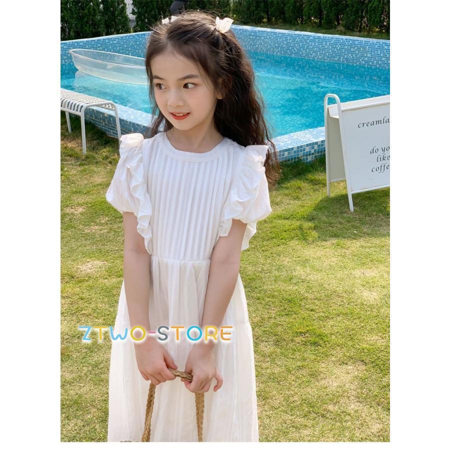 子供 ワンピース 女の子 無地 ロング丈 可愛い 夏服 フリル ワンピース 韓国 ビーチウエア 発表会 結婚式 ジュニア 子ども服 カジュアル 小学生 海 旅行 120-165｜ztwo-store｜03