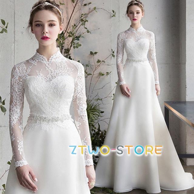 ウェディングドレス 袖あり 長袖 ウェディングドレス 大きいサイズ 3L 4L 小さいサイズ ウェディングドレス 二次会 シンプル 上品 レース 刺繍  スタンドカラー の商品画像