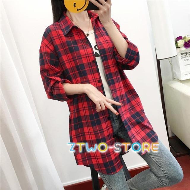 赤と黒のチェック柄ロングシャツ チェック柄 ロング丈 長袖シャツ 選べる2カラー 黒 赤 ブロック