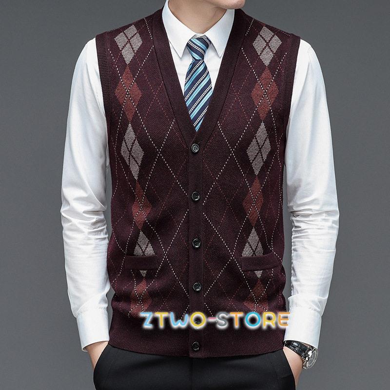 ニットベスト メンズ チョッキ 紳士服 Vネック 菱形 開襟 前開き トップス ポケット付き ビジネス 贈り物 入社祝い 就職 秋新作 おしゃれ | ブランド登録なし | 02