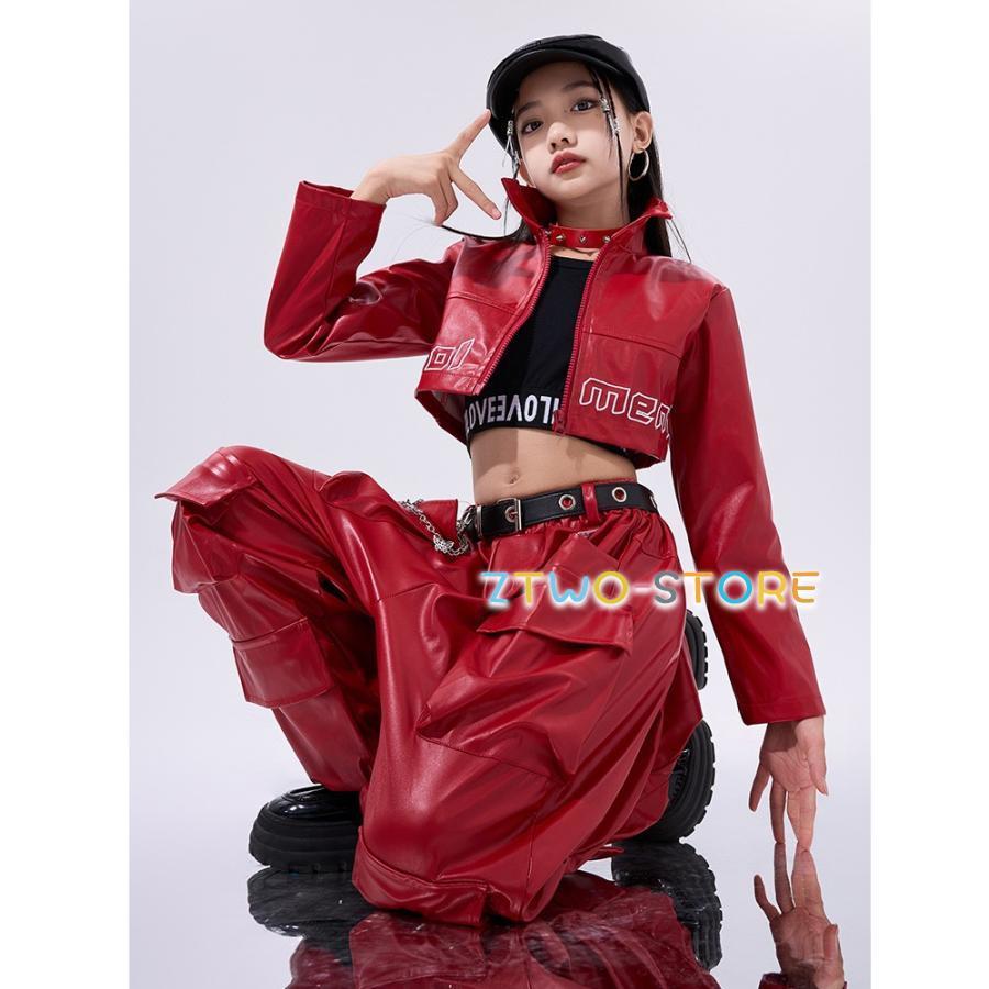 ダンス衣装 ガールズ 衣装 赤 黒 レザー K-POP 韓国 セットアップ へそ