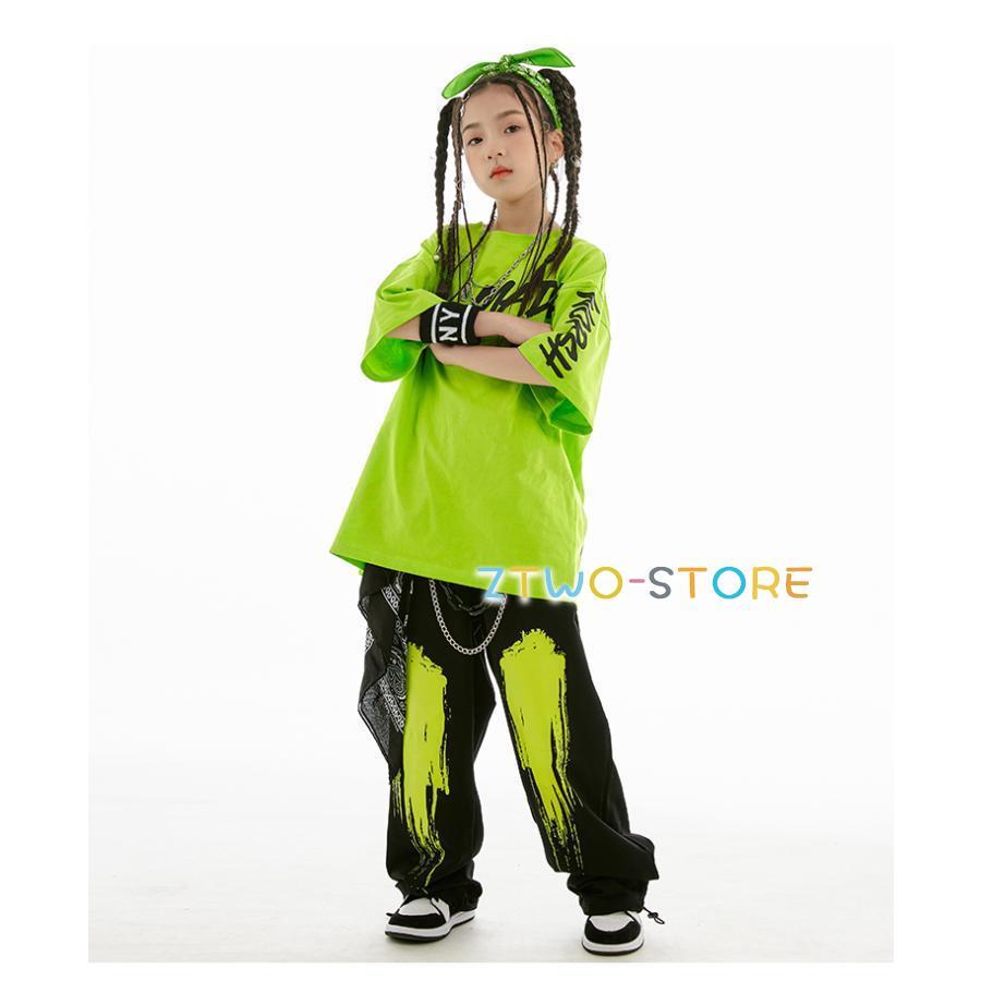 キッズ ダンス 衣装 オレンジ 黄緑 黒 ヒップホップ ダンス衣装
