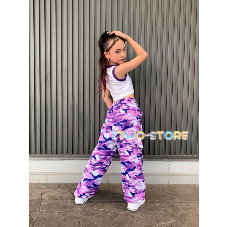 ガールズ ヒップホップ 衣装 迷彩 カモフラージュ 紫 キッズダンス衣装