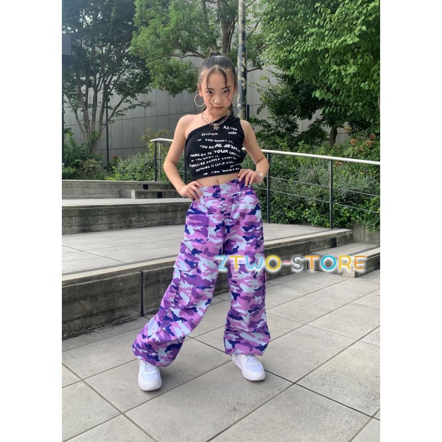 ガールズ ヒップホップ 衣装 迷彩 カモフラージュ 紫 キッズダンス衣装