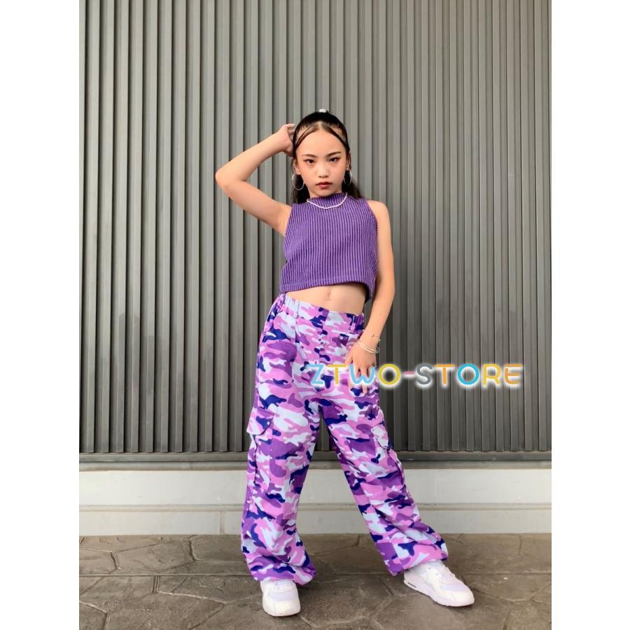 ガールズ ヒップホップ 衣装 迷彩 カモフラージュ 紫 キッズダンス衣装