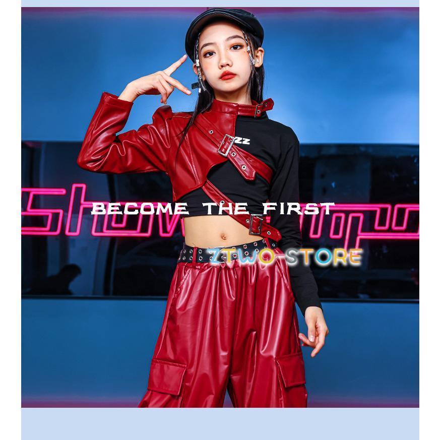 ダンス衣装 ガールズ 衣装 かっこいい 赤 レザー K-POP 韓国
