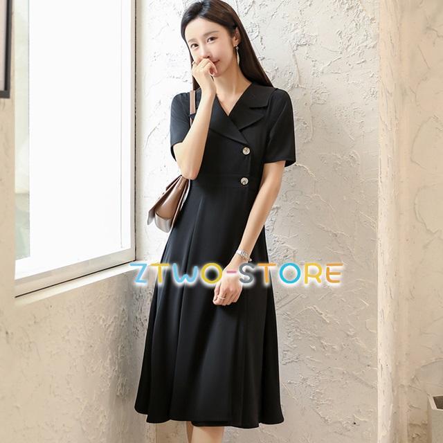 カシュクール ワンピース 半袖 きれいめ 襟付き 夏 レディース 黒 白