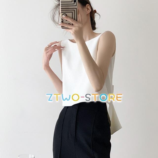 バックオープン トップス カットソー ノースリーブ 春 夏 シャツ 白 黒