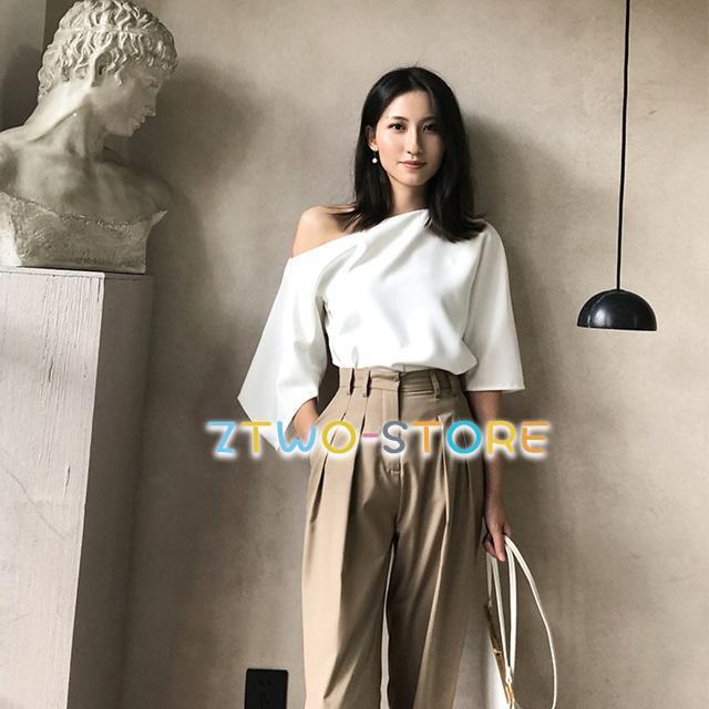ワンショルダー トップス レディース 半袖 きれいめ 五分袖 大きい