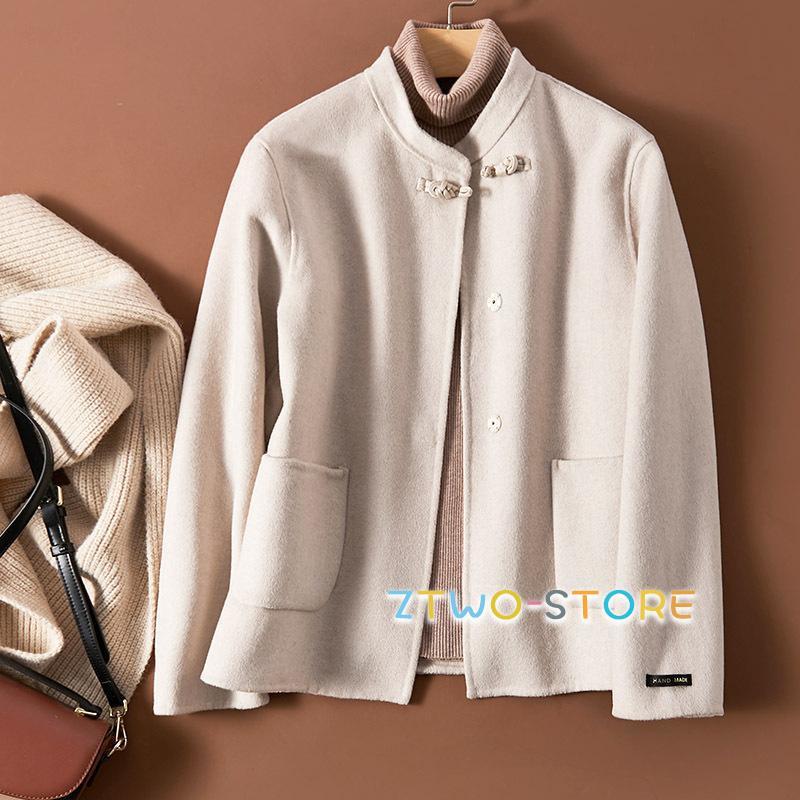 レディース ダブルフェイス仕様になる100％ウール地のノーカラーコート アウター 秋服 チャイナボタン 冬服 きれいめ スプリングコート レディース ダブルフェイス仕様になる100％ウール地のノーカラーコート