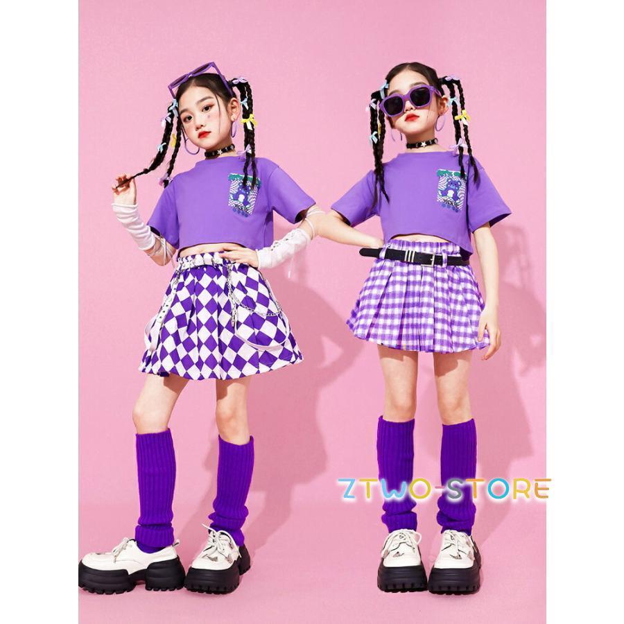 キッズダンス 衣装 チェック 紫 イベント服 遊戯会 子供服 可愛い