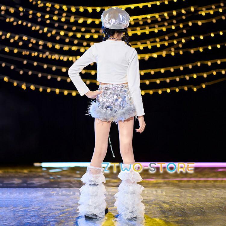 シルバー キッズダンス衣装 韓国スパンコール へそ出し キラキラ