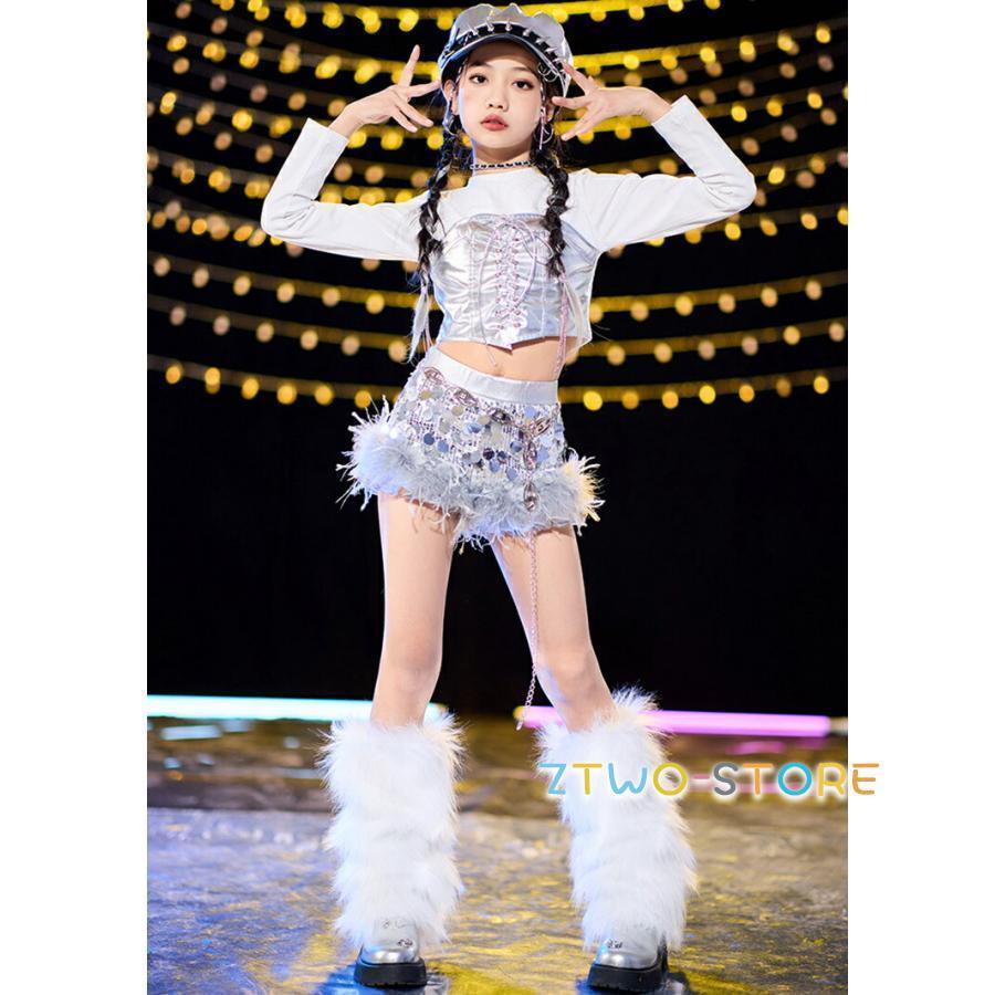 シルバー キッズダンス衣装 韓国スパンコール へそ出し キラキラ
