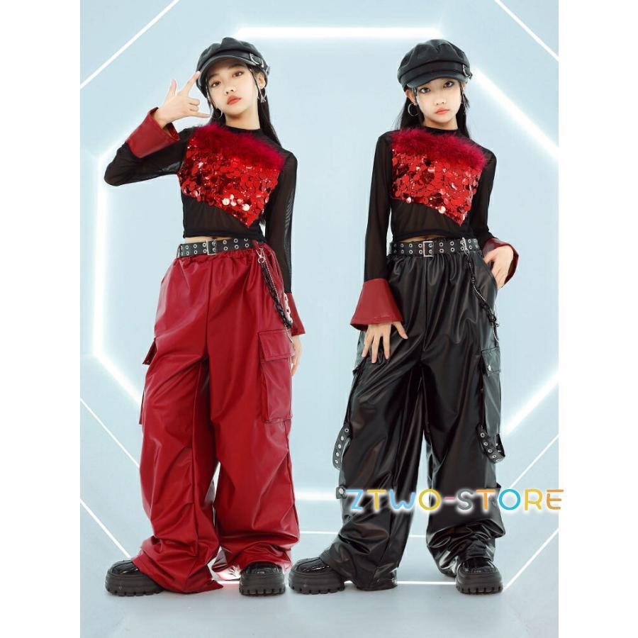 キッズダンス衣装 セットアップ 黒 赤 トップス へそ出し 長袖 ズボン