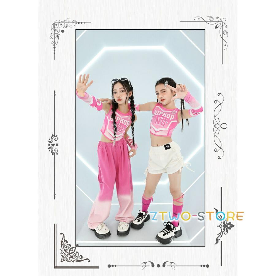 子供服 女の子 キッズダンス衣装 セット 白 ピンク デニム ストリート