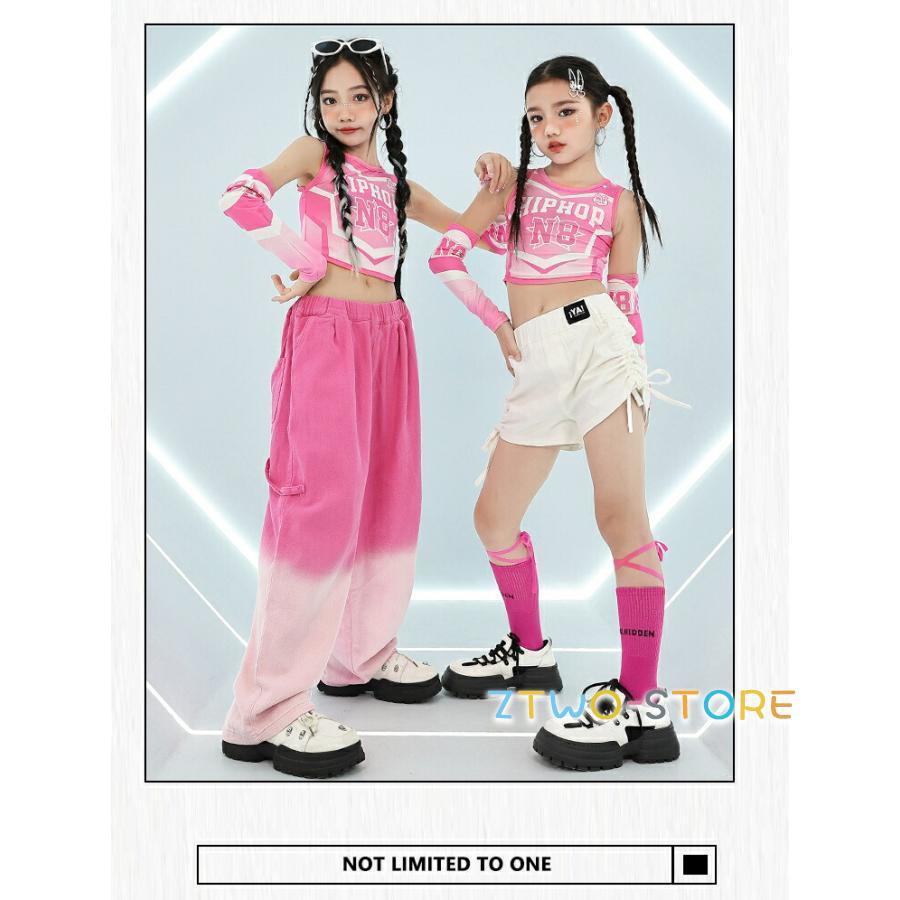 子供服 女の子 キッズダンス衣装 セット 白 ピンク デニム ストリート