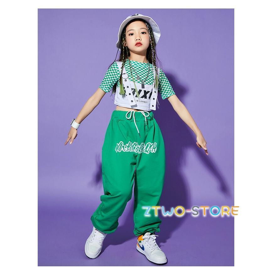 緑 キッズダンス衣装 セットアップ 派手 ヒップホップ HIPHOP トップス