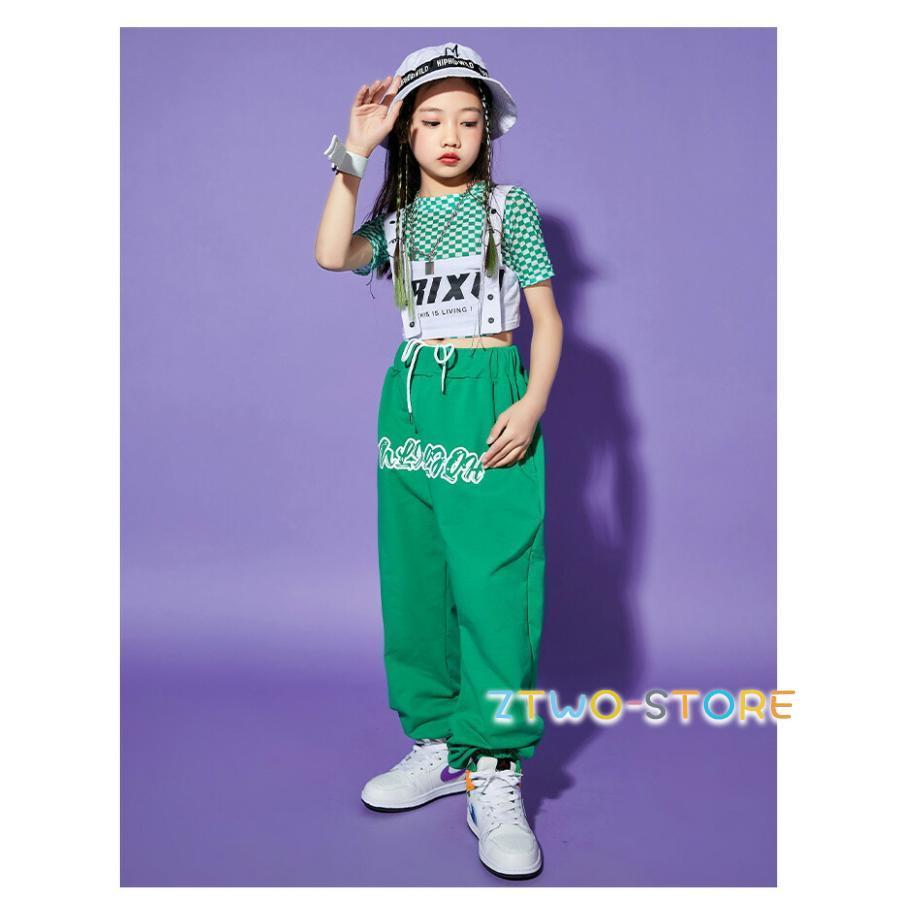 緑 キッズダンス衣装 セットアップ 派手 ヒップホップ HIPHOP トップス