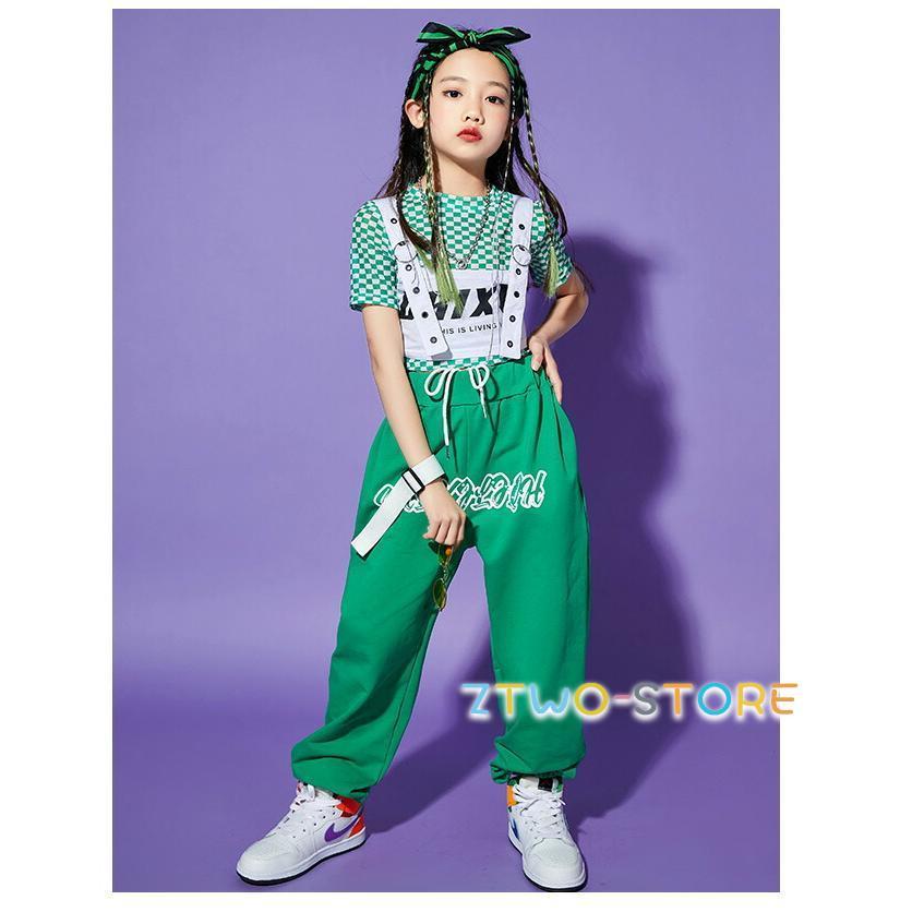 緑 キッズダンス衣装 セットアップ 派手 ヒップホップ HIPHOP トップス