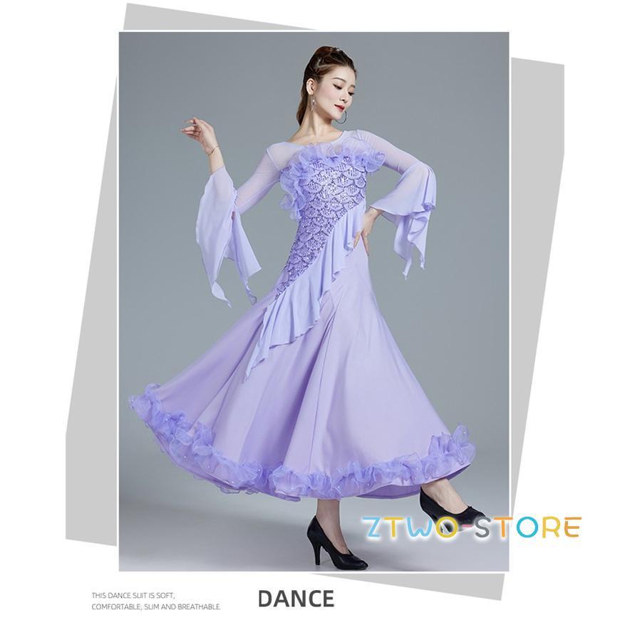 D61 美品 社交ダンス ステージ衣装 ドレス ワンピース マキシ丈 パープル 社交ダンスドレス 社交ダンス モダンドレス ピンク パープル 大きい
