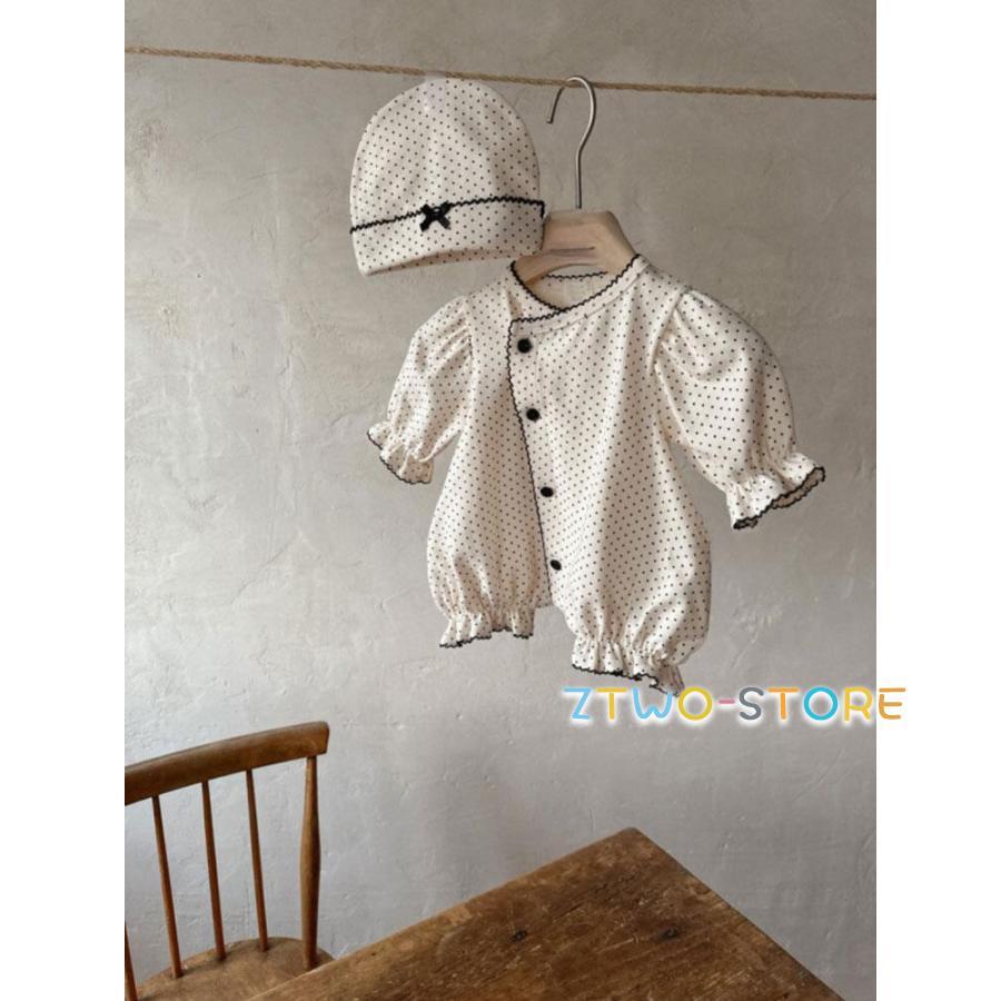 ベビー服 ロンパース 女の子 帽子付き 赤ちゃん ドット柄 水玉 フリル