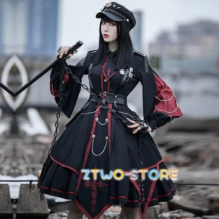 ミニロリ 軍服ロリータ フルセット ミリタリーロリィタ ブラック 黒 膝