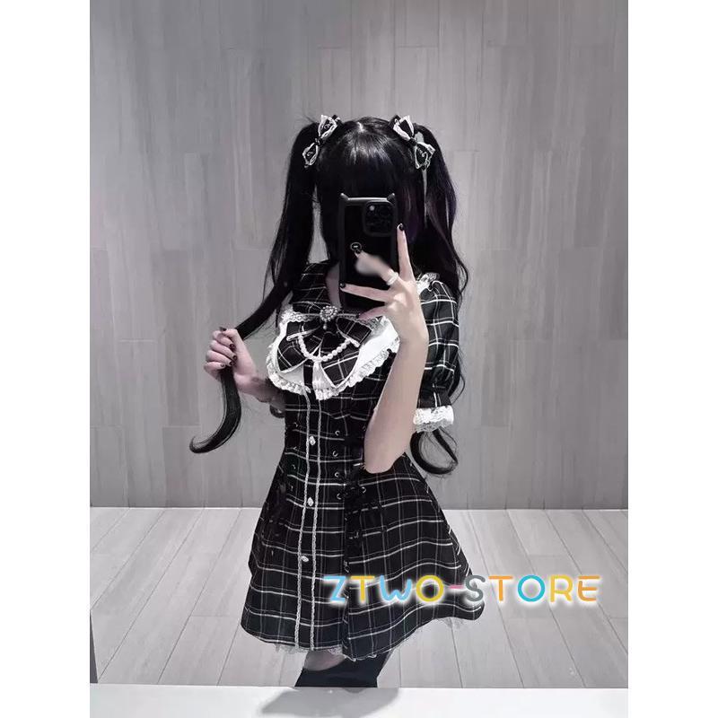 00s 希少 EmilyTemplecute リボン柄 ワンピース ロリータ 黒 地雷系 量産型 ワンピース ロリータ 夏 チェック柄 レース リボン