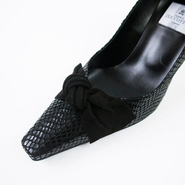 リボン付きパンプス ブラックパイソン ヘビ型押し PUMPS BLACK リボン付きパンプス ブラックパイソン ヘビ型押し PUMPS BLACK