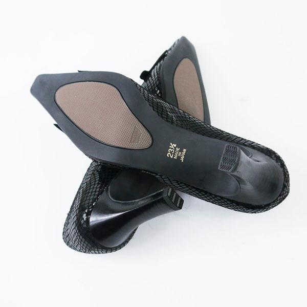 リボン付きパンプス ブラックパイソン ヘビ型押し PUMPS BLACK リボン付きパンプス ブラックパイソン ヘビ型押し PUMPS BLACK